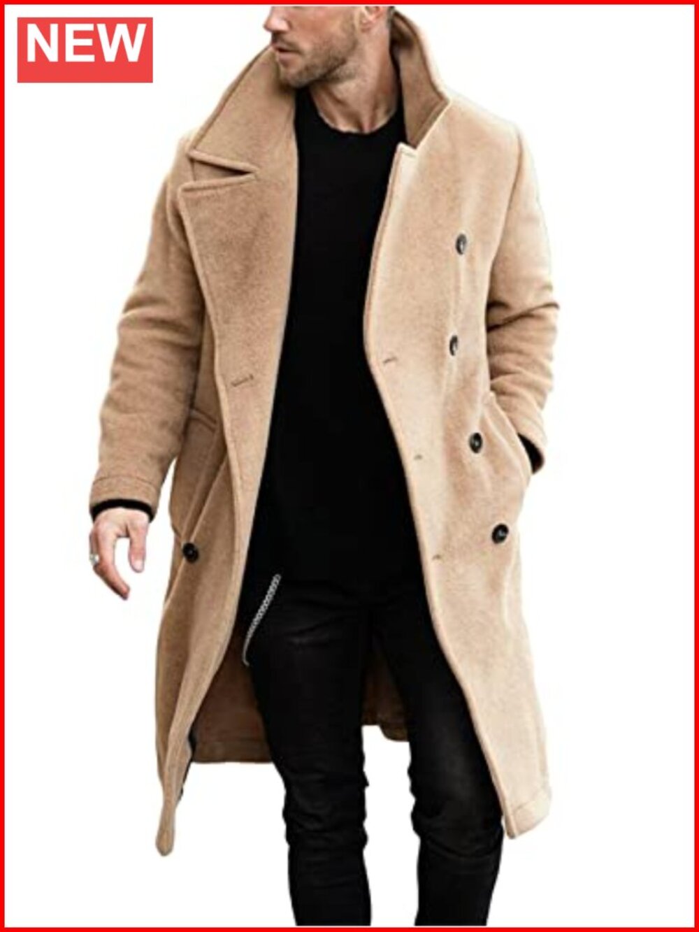 Mens Double Breasted Trench Coat Wool Blend Winter Overcoat